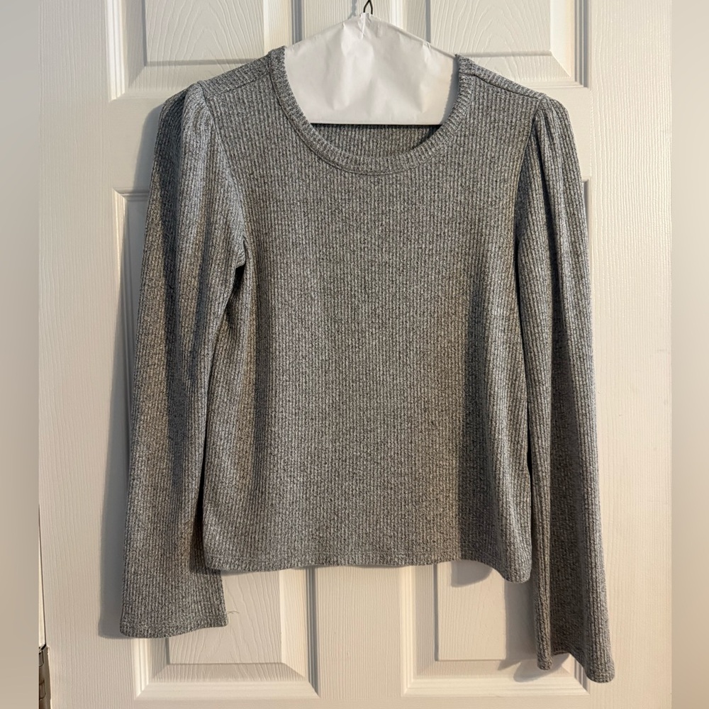 Madewell Gray Ribbed Long‎ Sleeve Top Size Small Puff Shoulder